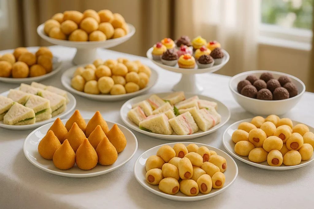 Mesa de festa com coxinhas, sanduíches, brigadeiros e cupcakes servidos em pratos brancos