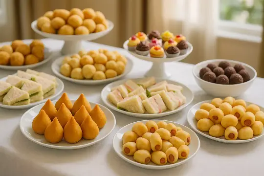Mesa de festa com coxinhas, sanduíches, brigadeiros e cupcakes