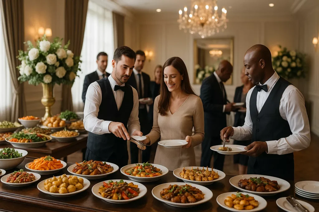 Garçons servindo convidados em uma mesa de buffet elegante para festa em Curitiba